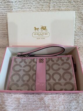 Coach Beige Signature Canvas Wristlet with Pink Trim